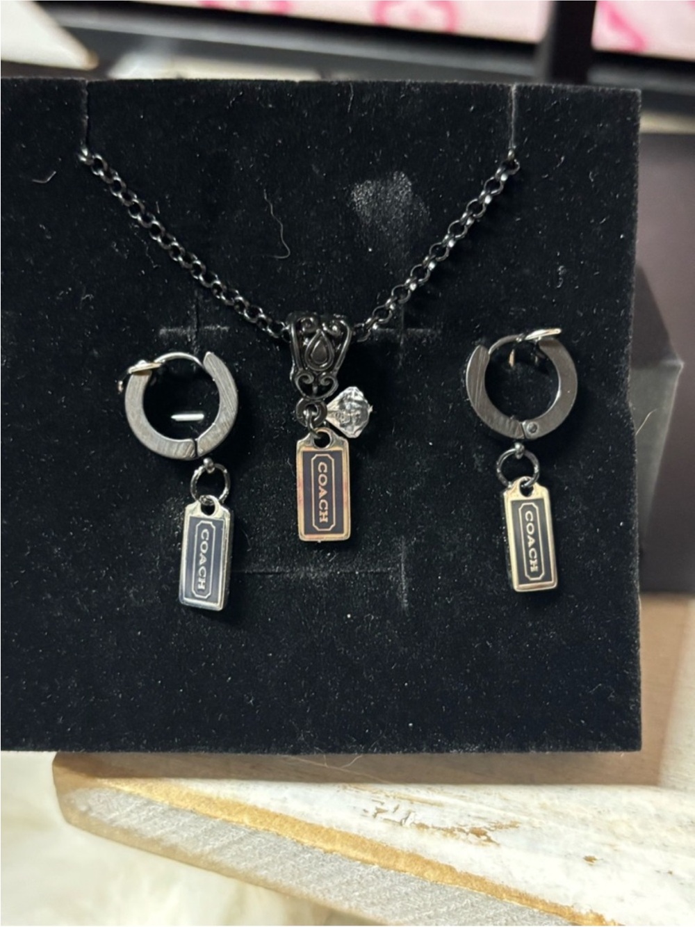 Coach Black and Gold Tag Pendant Necklace with Matching Tag Hoop Earrings